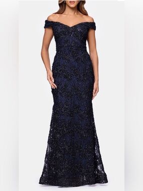 Xscape Navy Off-Shoulder Embellished Maxi Gown